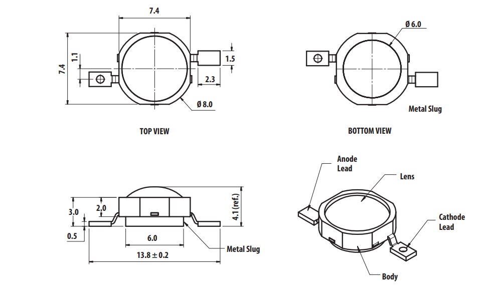 Mechanical Drawing - Broadcom ASMT-Ax00 1W Power LED Light Source